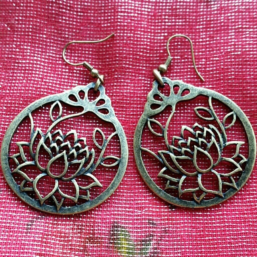 Lotus Flower Earrings Antique Goldtone Boho Yoga